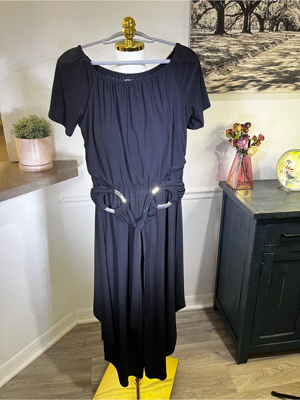 MSK Black Short-Sleeve Jumpuit with Ring-Detail Waist Large